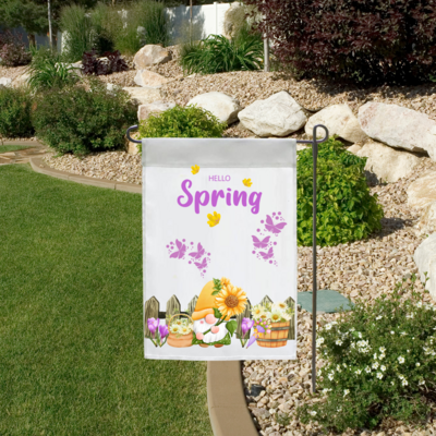 Purple and Yellow Hello Spring Sunflower Gnome, Garden Flag
