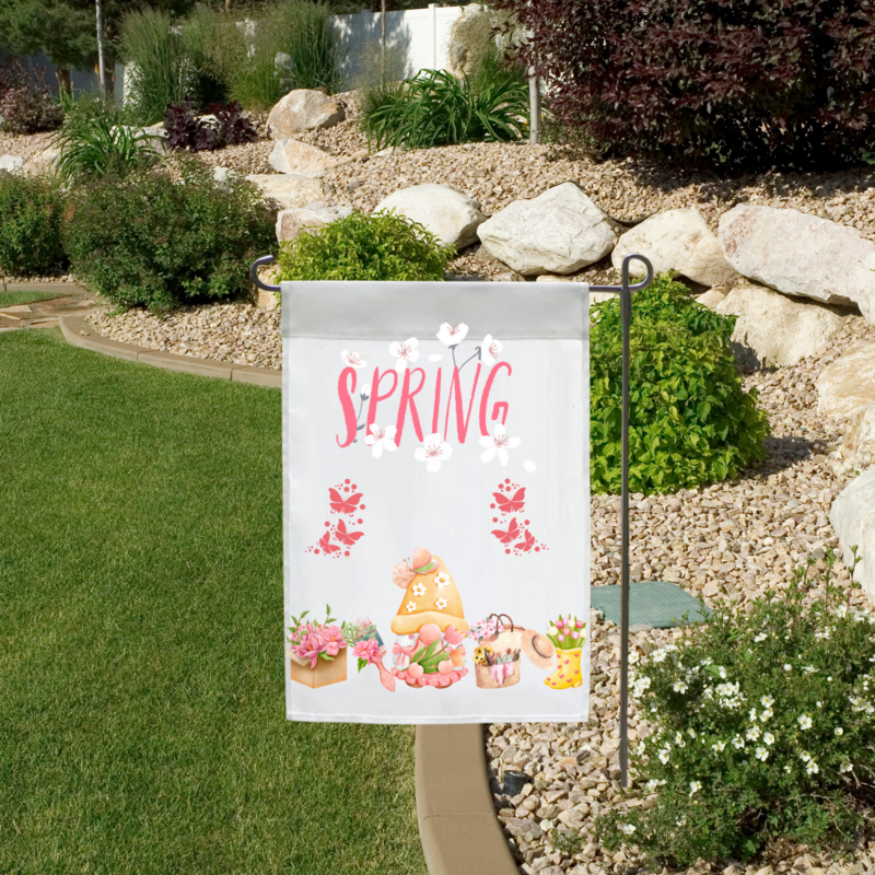 Pink and Yellow Spring Gnome And Butterflies Garden Flag, Pink and Yellow Spring Gnome And Butterflies Garden Flag,