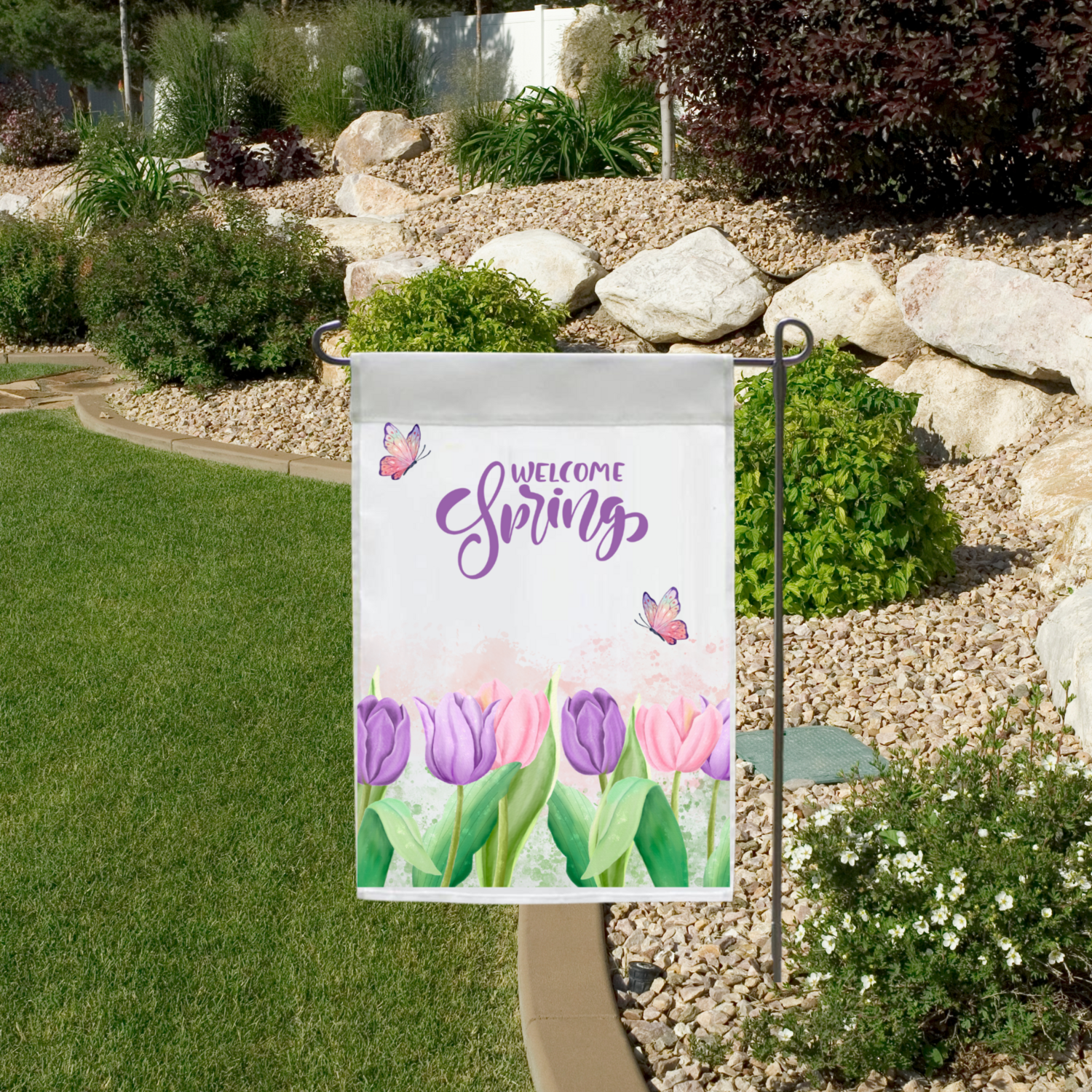 Pink and Purple Welcome Spring Tulip Floral Garden Flag