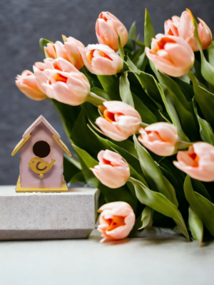 Pink and Yellow Spring Birdhouse, Tiered Tray Décor
