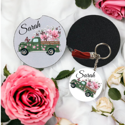 Key Chain and Car Coaster, Green Truck with Flowers and Butterflies