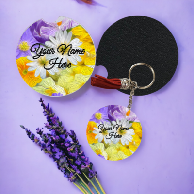 Key Chain and Car Coaster, Purple and Yellow Floral Pattern