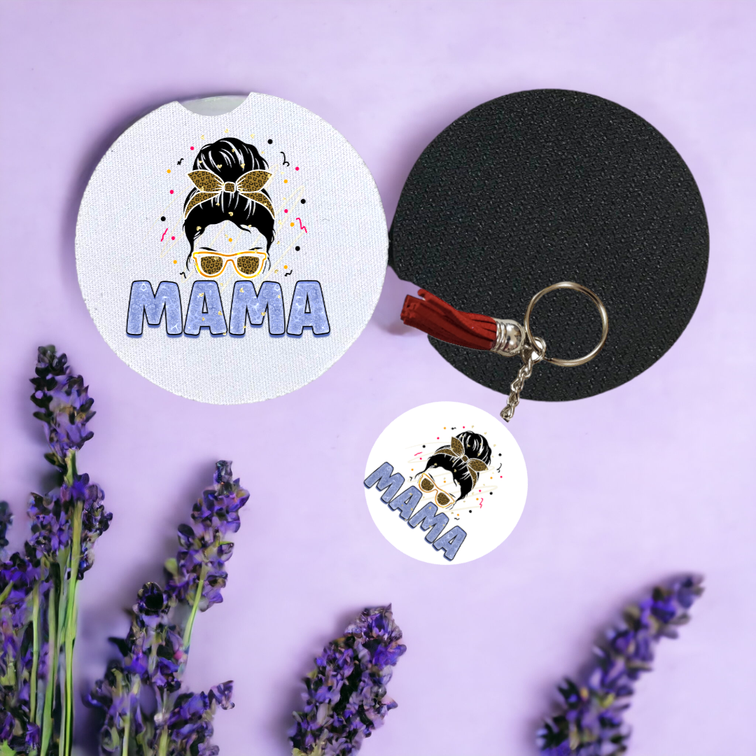 Key Chain and Car Coaster, Messy Bun Mama