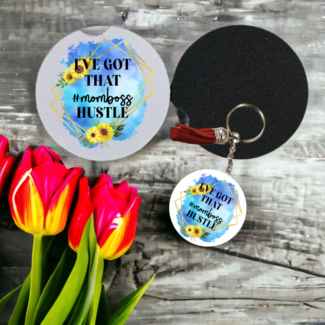 Key Chain and Car Coaster, Mom Boss Hustle