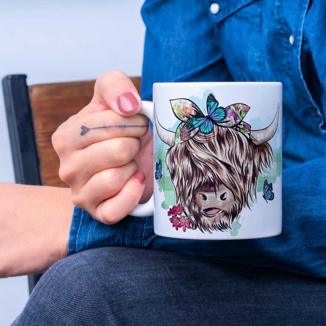 Highland Cow Mug With Blue Butterflies