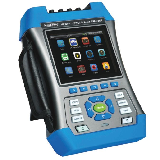 KM-2300 Class A Power Quality Analyzer with 5.6 inch TFT display showing waveform analysis
