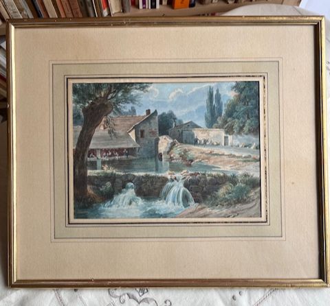 Tableau aquarelle moulin et cascade