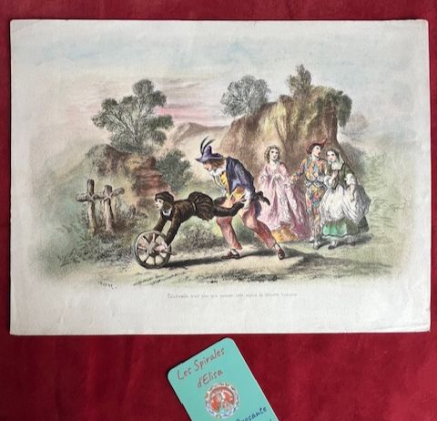 Gravure lithographie &quot;Polichinelle n&#39;eut plus qu&#39;à pousser cette espèce de brouette humaine&quot; A.L.H. TELORY