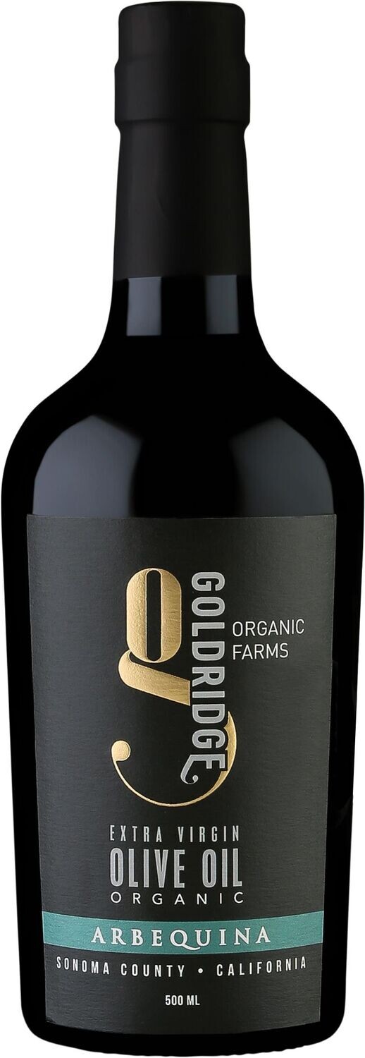 500 ml bottle of Organic California Olive Oil made with Arbequina and other Spanish olive cultivars.