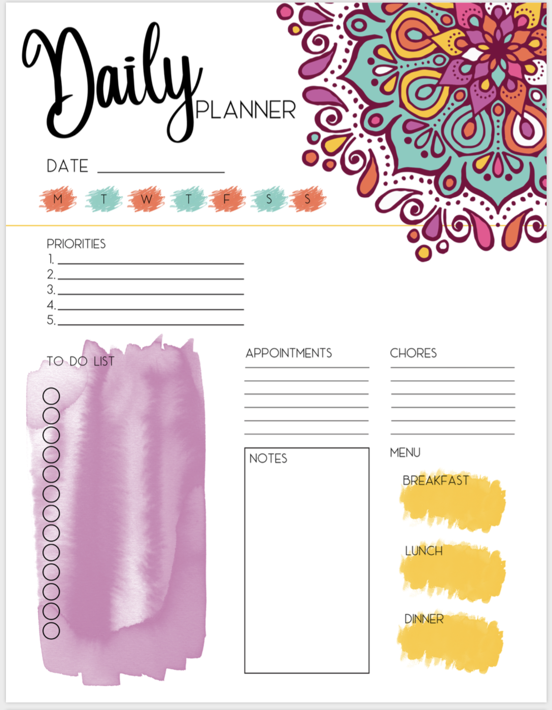 BEAUTIFUL Watercolor Mandala Daily~Weekly~Monthly Planner with To Do List + Notes