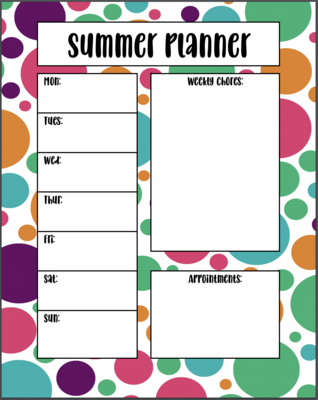 Kids Summer Daily Planner & Chore Chart (8 Page PDF)