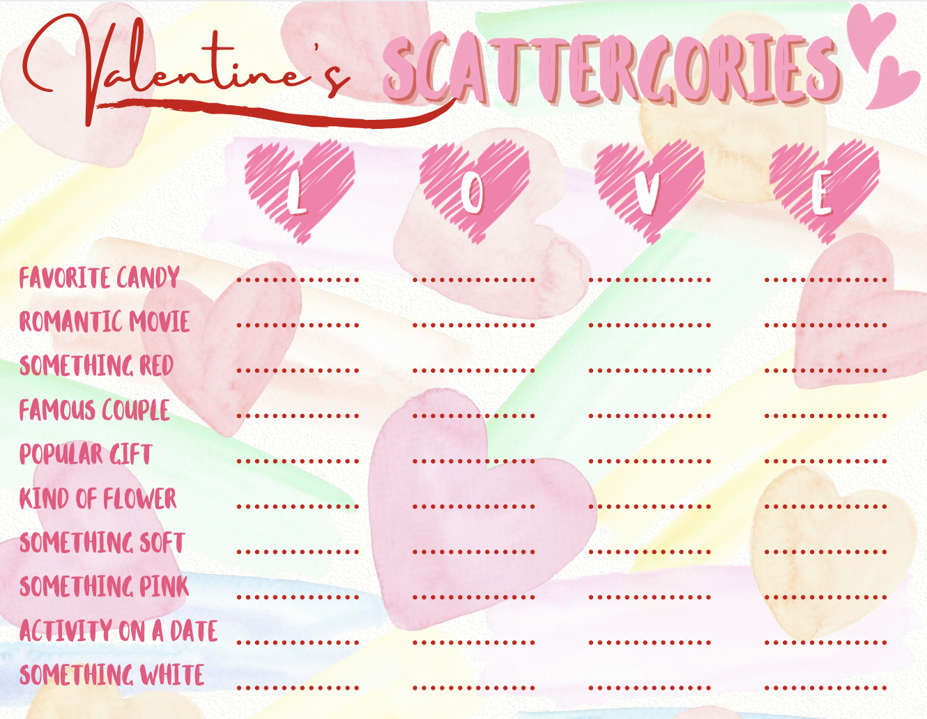 Valentine's Scattergories Fill-in-the-Blank Game {Free Printable}