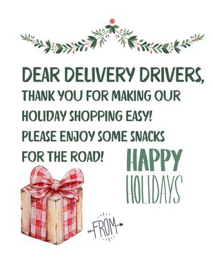 Delivery Driver Thank You Sign for Snacks on Front Porch
