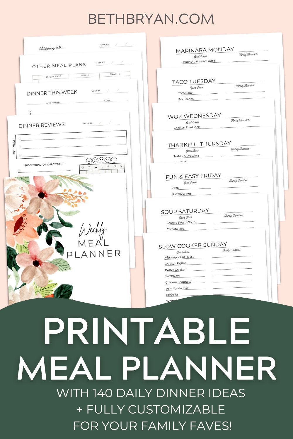 Weekly Meal Planner ft. 140 Easy Dinner Ideas (14 pages)