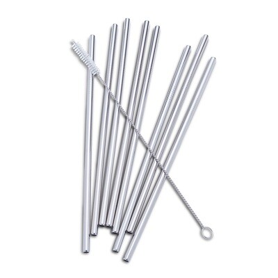 Straight Stainless Steel Straw Set - Silver 9 Pieces