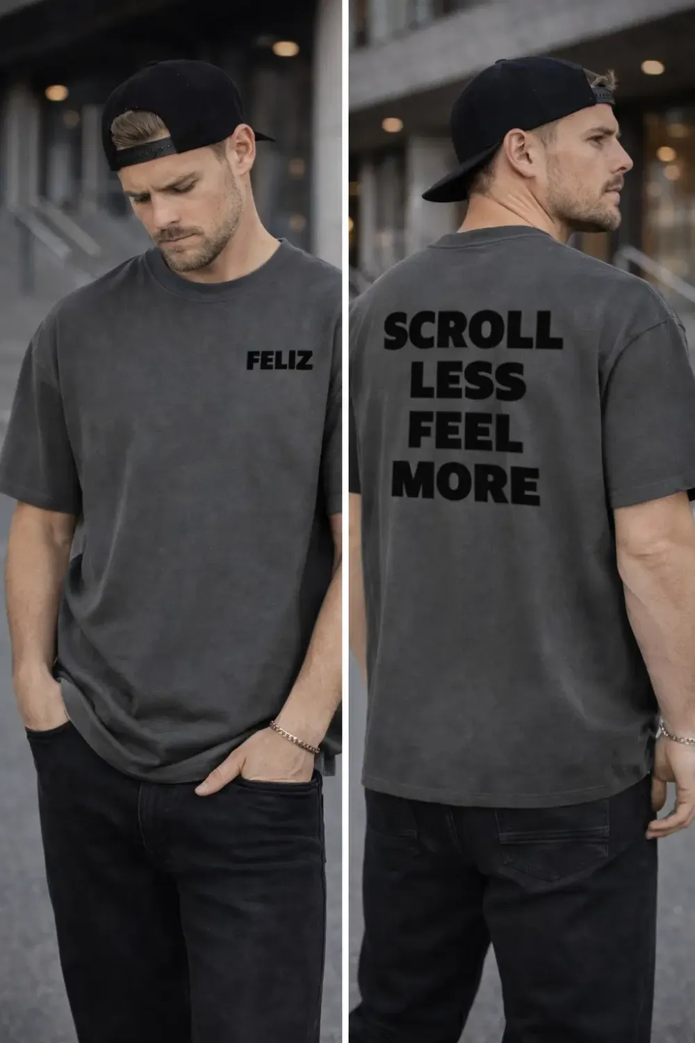 T-SHIRT "SCROLL LESS FEEL MORE" GRAU
