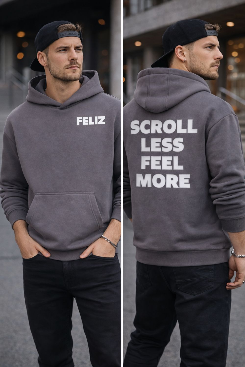 HOODIE HOODIE "SCROLL LESS FEEL MORE" GRAU