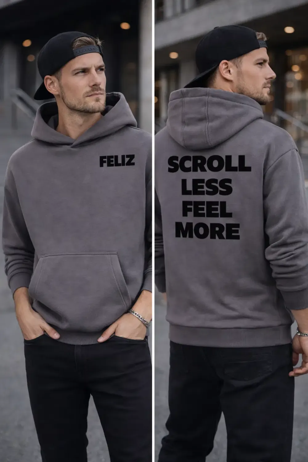 HOODIE "SCROLL LESS FEEL MORE" GRAU