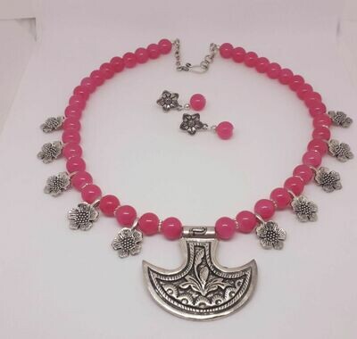 Pink bead with oxidized silver charms necklace set