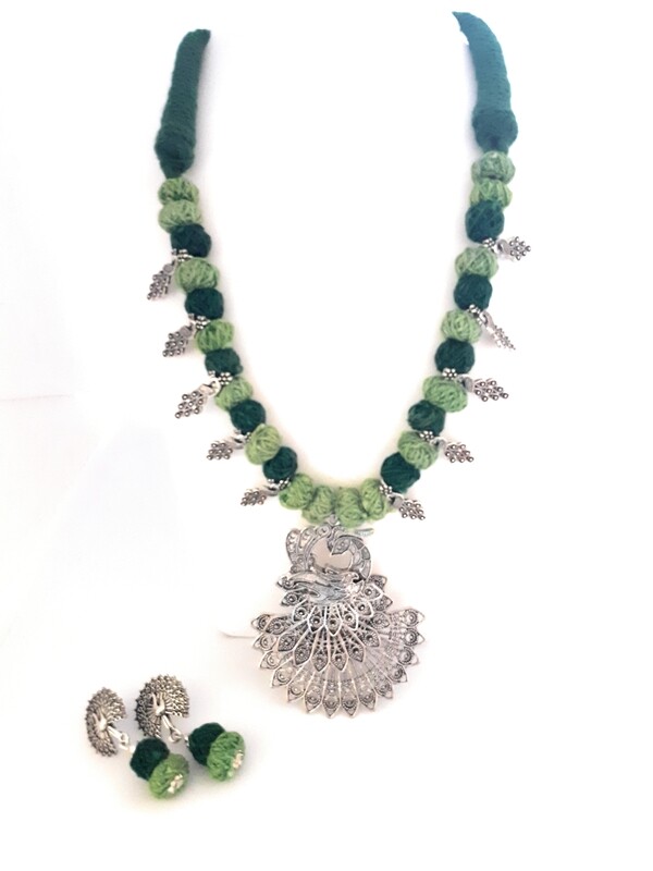Sreevee handmade Dark and light green woven bead with oxidized pendant necklace set for Girls and women