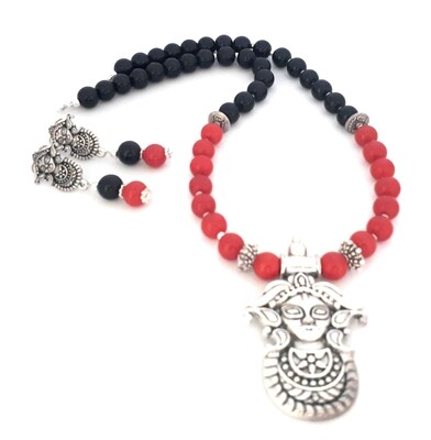 Coral red bead with oxidized silver pendant set