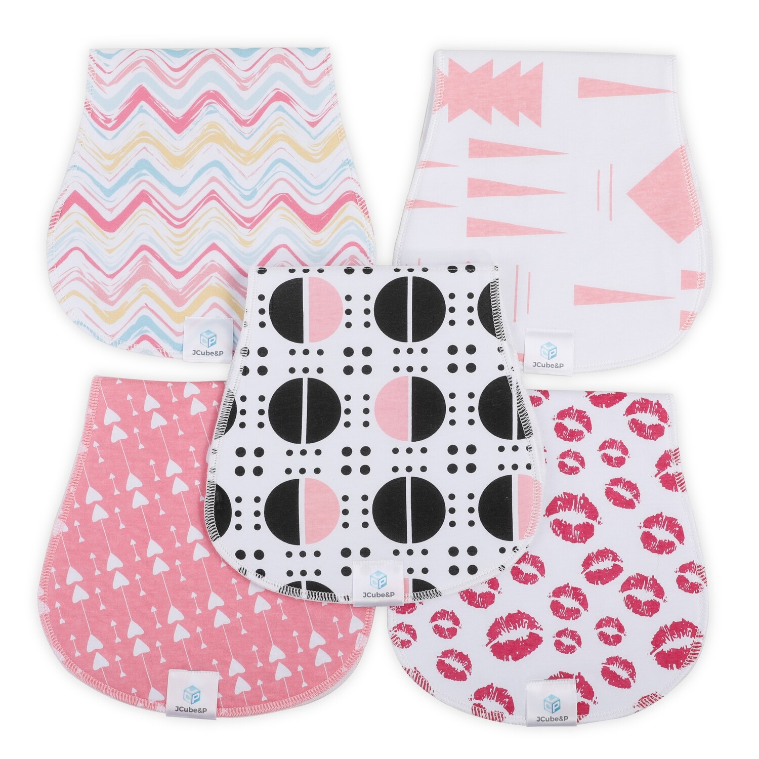 Burp Cloths Made of 100% Organic Cotton and Fleece layers - Soft & Absorbent Curvy Designs - Cute 5-Pack Baby Shower Gift Set for Newborns & Infants