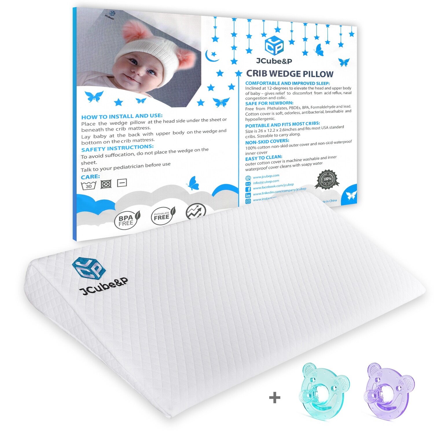 Crib Wedge Pillow with Cotton & Waterproof Covers - 2 Bonus Pacifiers - Newborn Wedge Pillow for Better Sleep - Nasal Congestion, Colic & Acid Reflux Relief Crib Wedge Pad