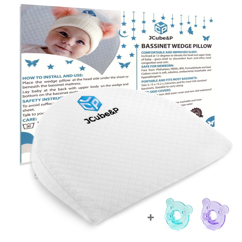 Baby Bassinet Wedge Pillow with Cotton & Waterproof Covers - 2 Bonus Pacifiers - Nasal Congestion, Colic & Acid Reflux Relief Bassinet Wedge Pad
