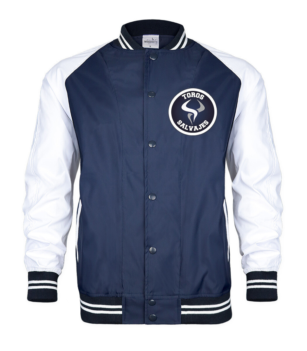 CHAMARRA BOMBER TIPO UNIVERSITARIA PARA CABALLERO MARINO/BLANCO UACh TOROS  SALVAJES
