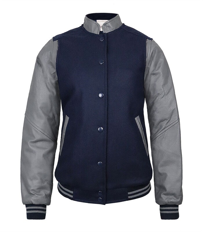 CHAMARRA MAVERICK EN PIEL Y PAÑO MARINO / GRIS OXFORD PARA DAMA