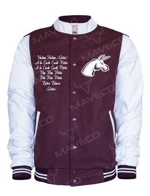 CHAMARRA MAVERICK FOOTBAL CABALLERO, PIEL/PAÑO BURROS BLANCOS IPN, 2 BORDADOS DELANTEROS