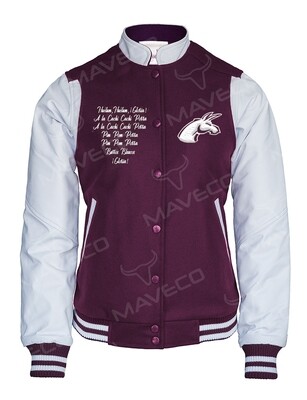 CHAMARRA MAVERICK FOOTBAL DAMA, PIEL/PAÑO BURROS BLANCOS IPN, 2 BORDADOS DELANTEROS