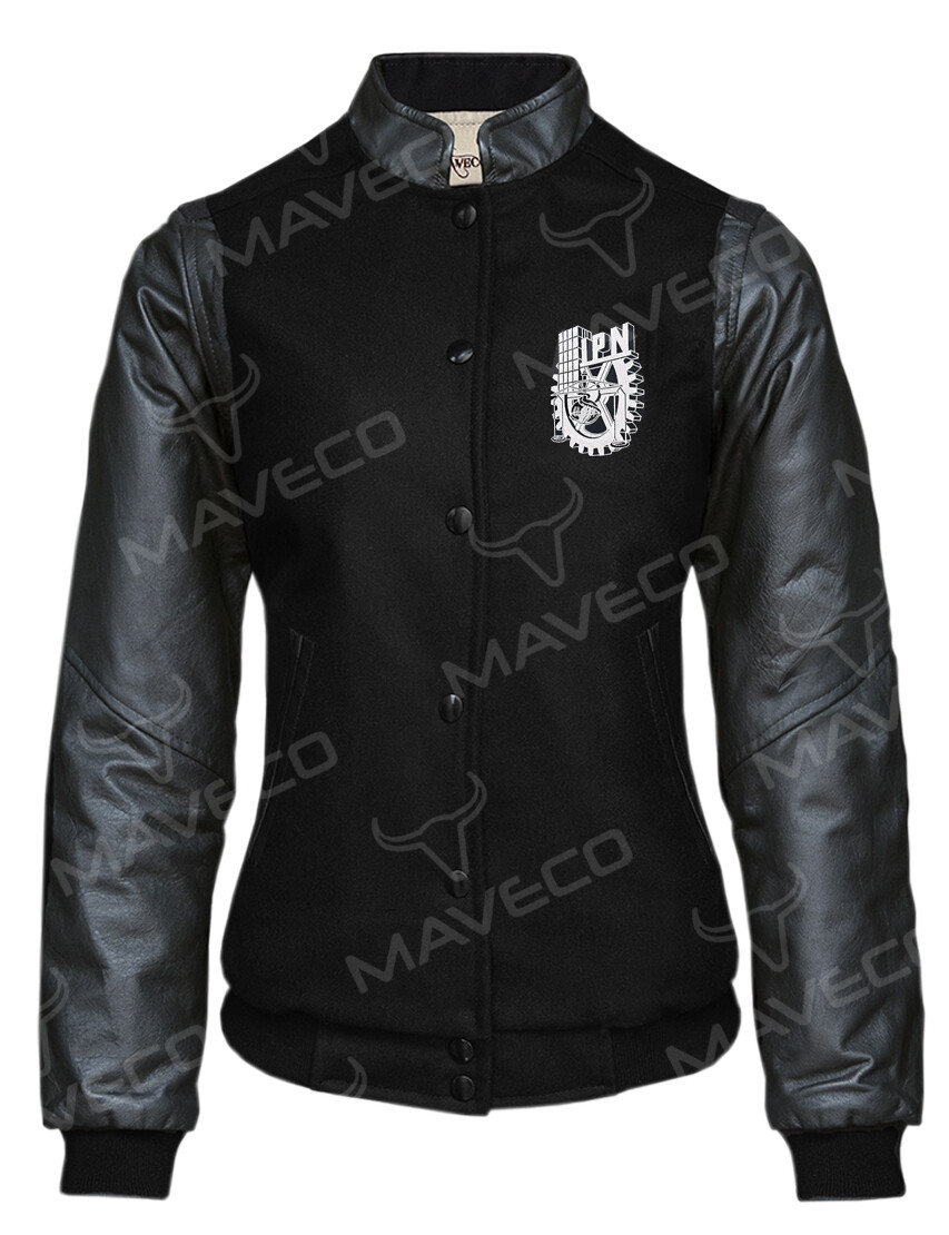 CHAMARRA MAVERICK UNIVERSITARIA DAMA, PIEL/PAÑO, NEGRO IPN
