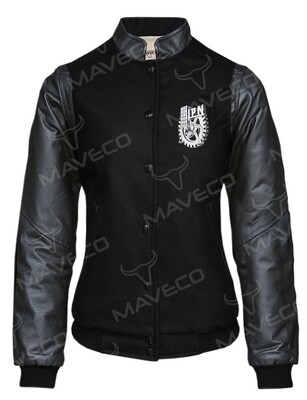 CHAMARRA MAVERICK UNIVERSITARIA DAMA, PIEL/PAÑO, NEGRO IPN