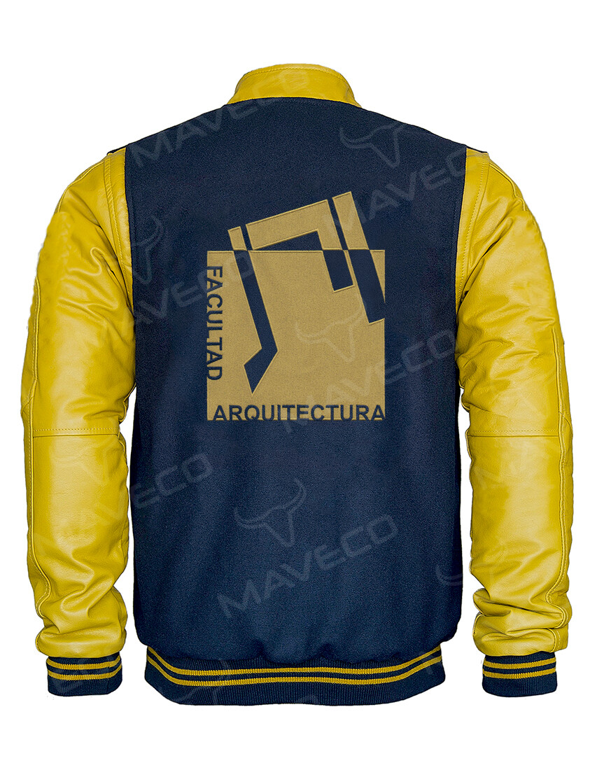 CHAMARRA MAVERICK FAC QUIMICA CABALLERO PIEL/PAÑO UNAM©, ESPALDA (Da click en la opción deseada para previsualizar la imagen): ESCUDO FACULTAD DE QUIMICA