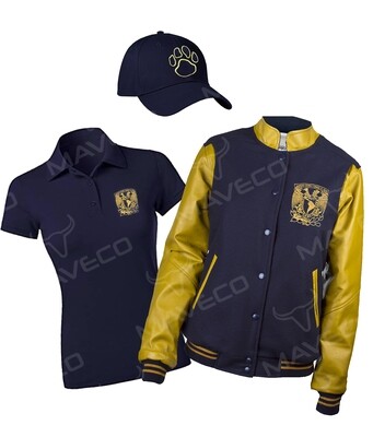 PAQUETE GRADUACIÓN UNAM DAMA, CHAMARRA, PLAYERA POLO Y GORRA