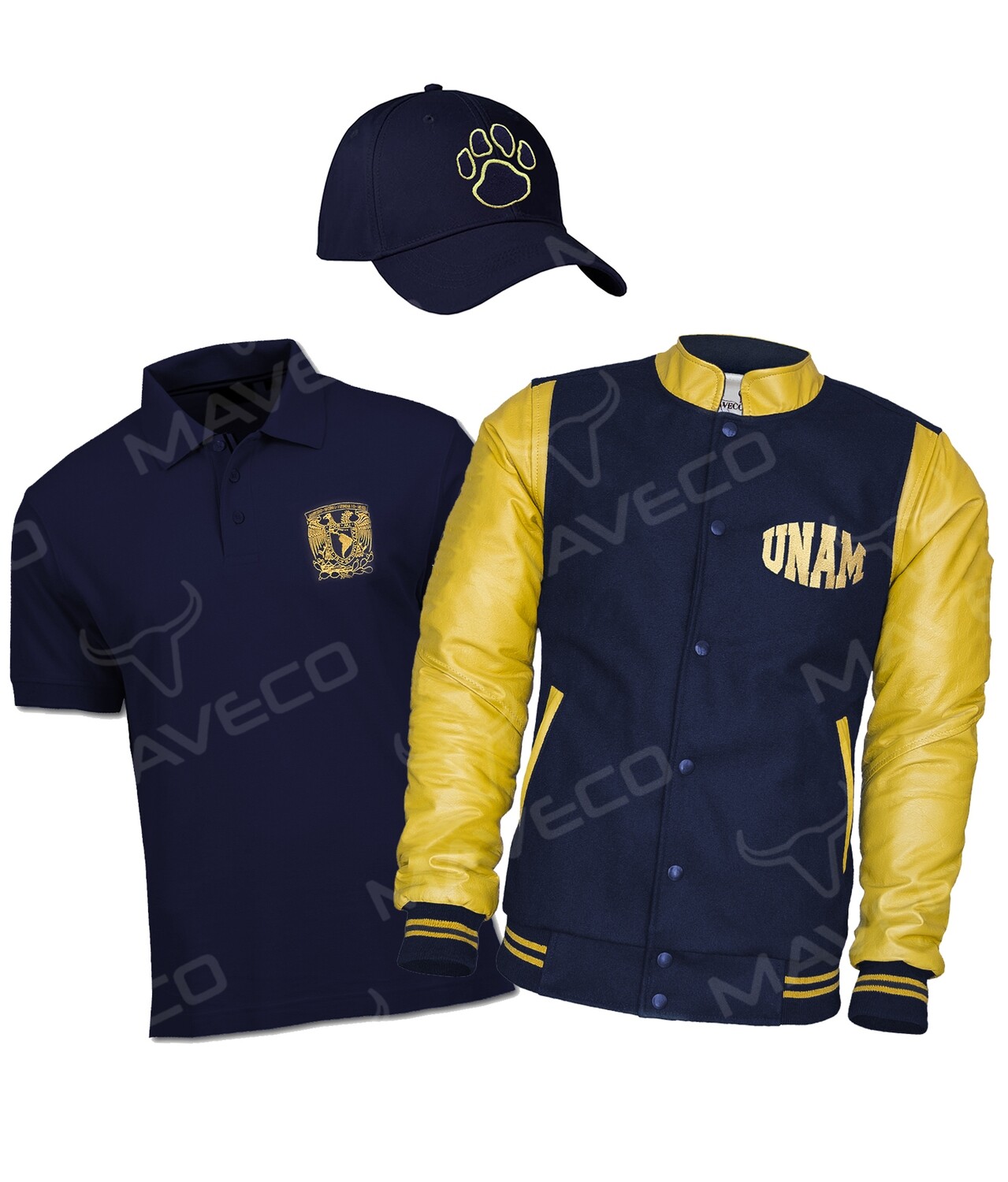 PAQUETE GRADUACIÓN UNAM CABALLERO, CHAMARRA, PLAYERA POLO Y GORRA
