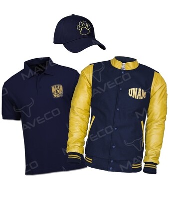 PAQUETE GRADUACIÓN UNAM CABALLERO, CHAMARRA, PLAYERA POLO Y GORRA
