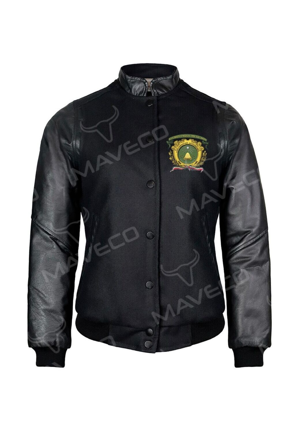 CHAMARRA MAVERICK CLASICA DAMA PIEL/ PAÑO, NEGRO. UAEM