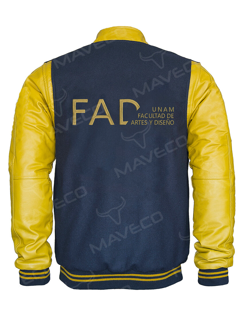 CHAMARRA MAVERICK FAC ARTES Y DISEÑO CABALLERO PIEL/PAÑO UNAM©, ESPALDA: ESCUDO FACULTAD DE ARTES Y DISEÑO