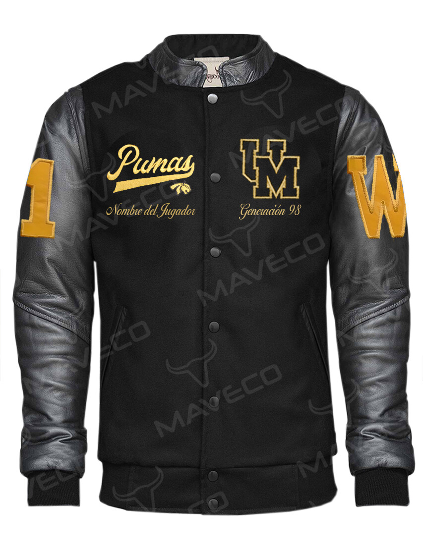 CHAMARRA MAVERICK DEPORTIVA PUMAS ACATLÁN BLACK,  GENERACIÓN  CABALLERO PIEL/PAÑO, UNAM©