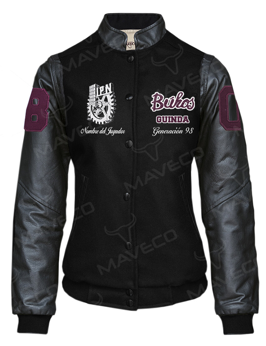 CHAMARRA MAVERICK DEPORTIVA BÚHOS GUINDA DAMA PIEL/PAÑO IPN BLACK