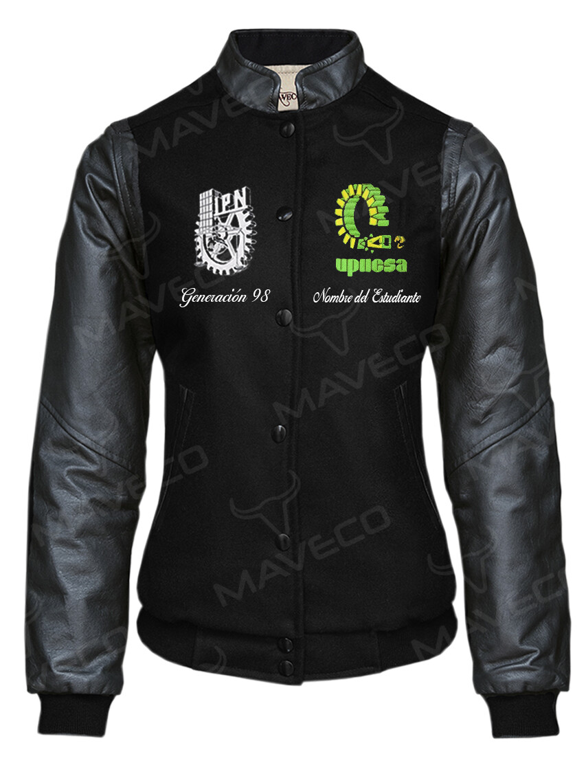CHAMARRA MAVERICK UPIICSA GENERACIÓN DAMA PIEL/PAÑO IPN BLACK