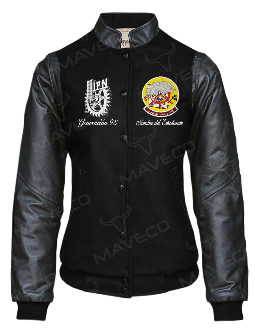 CHAMARRA MAVERICK CECYT 9 DAMA PIEL/PAÑO IPN BLACK