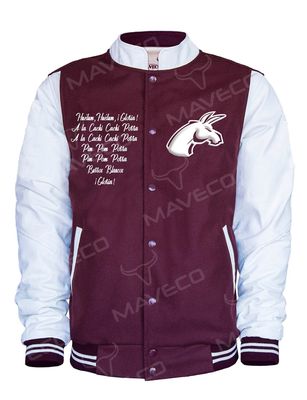 CHAMARRA MAVERICK FOOTBAL CABALLERO, PIEL/PAÑO BURROS BLANCOS IPN, 2 BORDADOS DELANTEROS