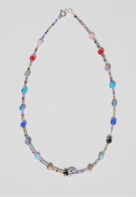 Handstrung Necklace with Glass Beads with White Ladybug.