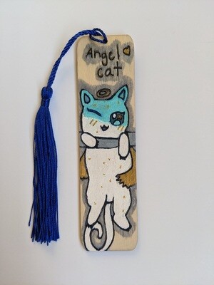 Hand Painted Wooden Bookmark - Angel Cat