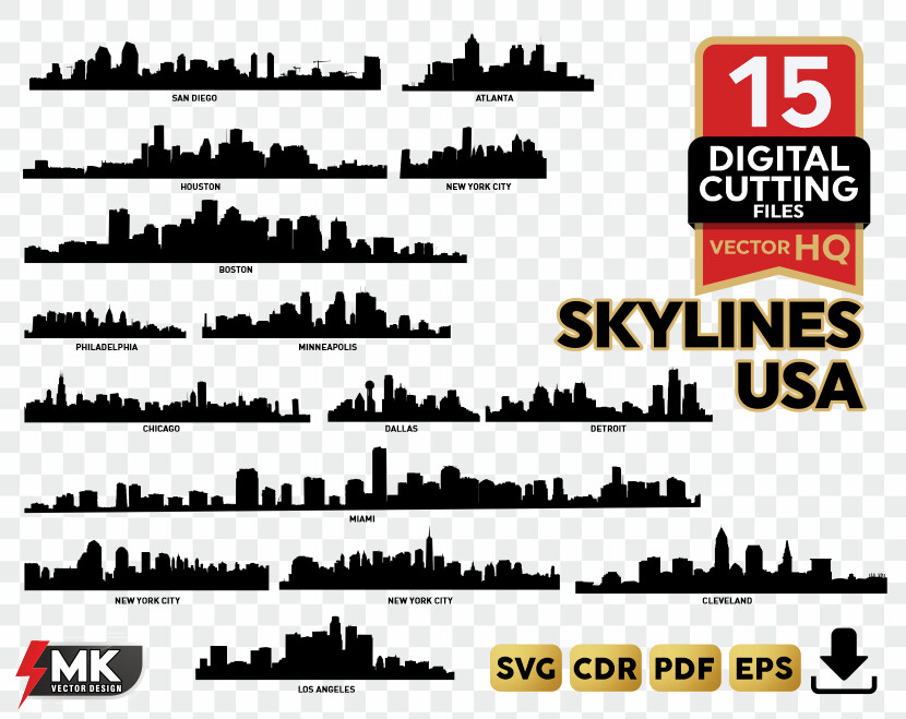 SKYLINES USA SVG, Silhouette clipart, CDR, PDF, EPS, Vector