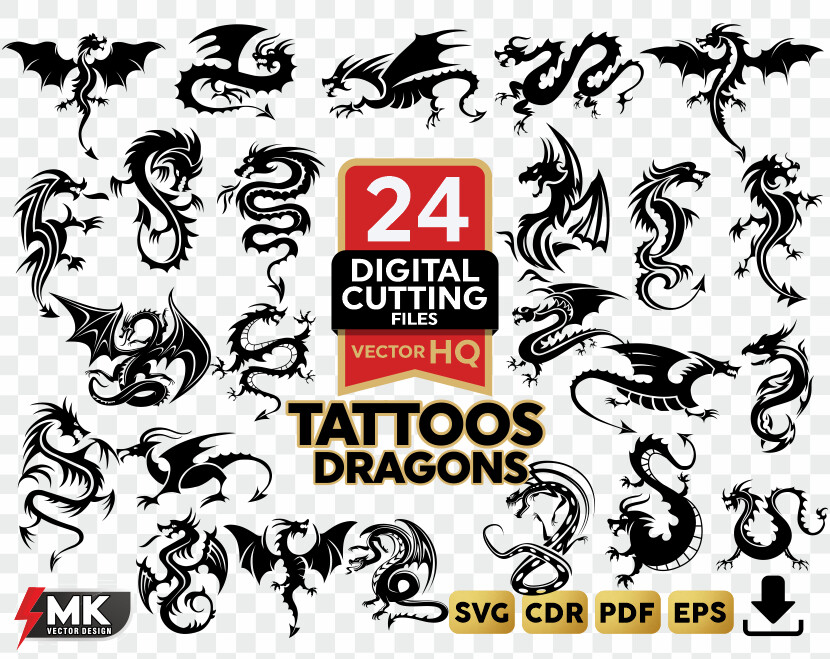 DRAGON TATTOOS SVG, Silhouette clipart, CDR, PDF, EPS, Vector
