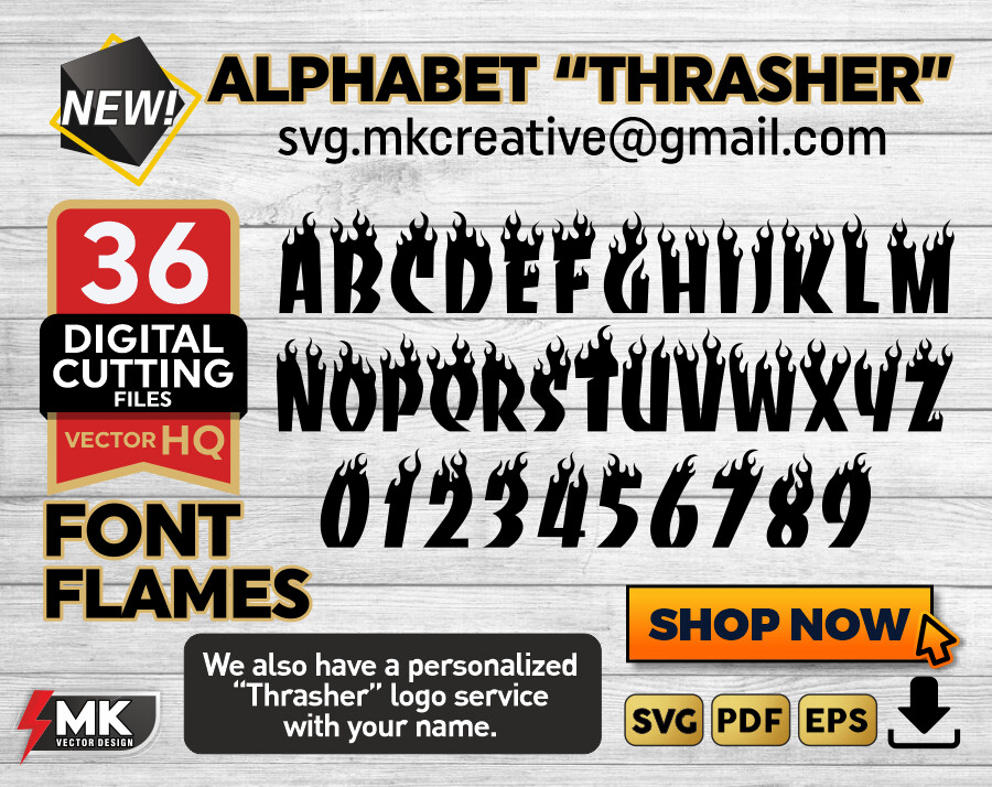 ▷ Thrasher Fire Font Flame Alphabet and Numbers | SVGMKCREATIVE